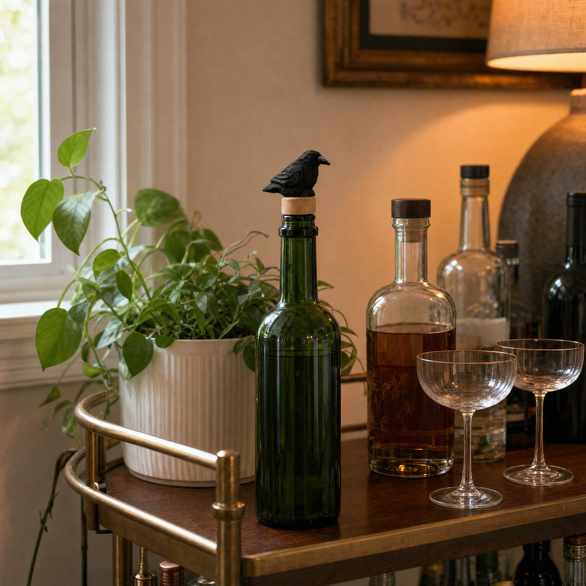 Raven hand-carved wooden wine stopper by Selsela, in a styled scene