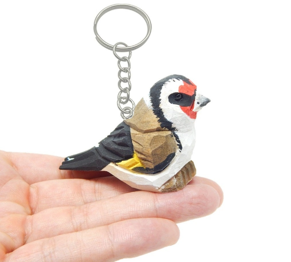 European Goldfinch Keychain Ring Clip Charm Finch Bird Miniature Wood Brown Songbird Mini Figurine Small Animal