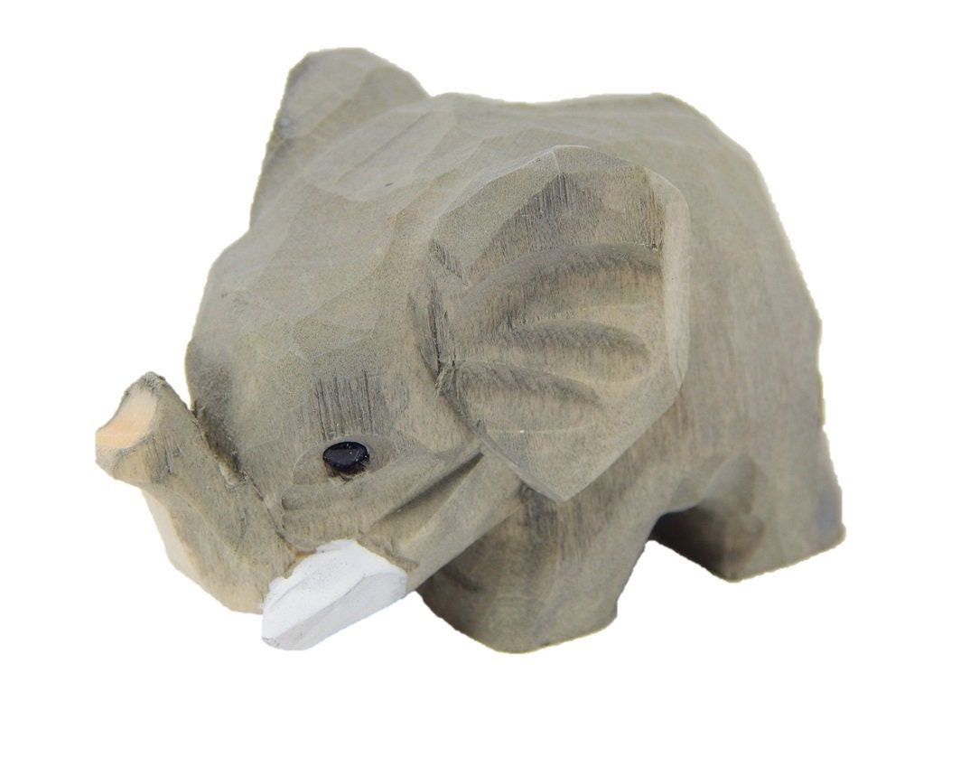 Elephant Keychain Ring Clip Charm Miniature Wood Gray Mini Figurine Small Animal