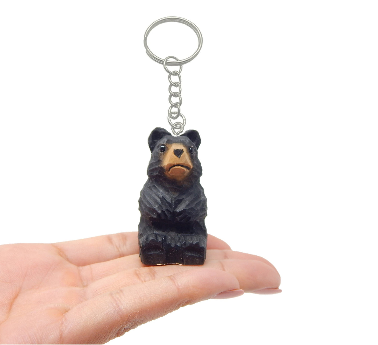 Black Bear Keychain Ring Clip Charm Miniature Wood Mini Figurine Small Animal