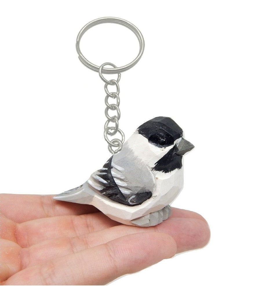 Chickadee Black-Capped Chick Tit Keychain Ring Clip Charm Bird Miniature Wood Songbird Mini Figurine Small Animal