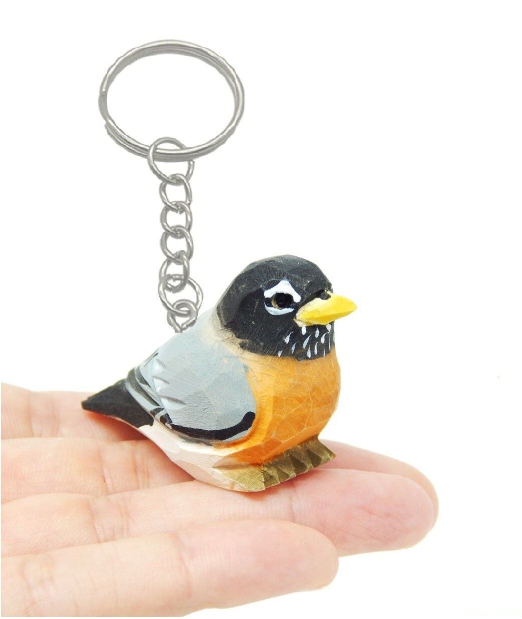 Robin Keychain Ring Clip Charm Bird Miniature Wood Songbird Mini Figurine Small Animal