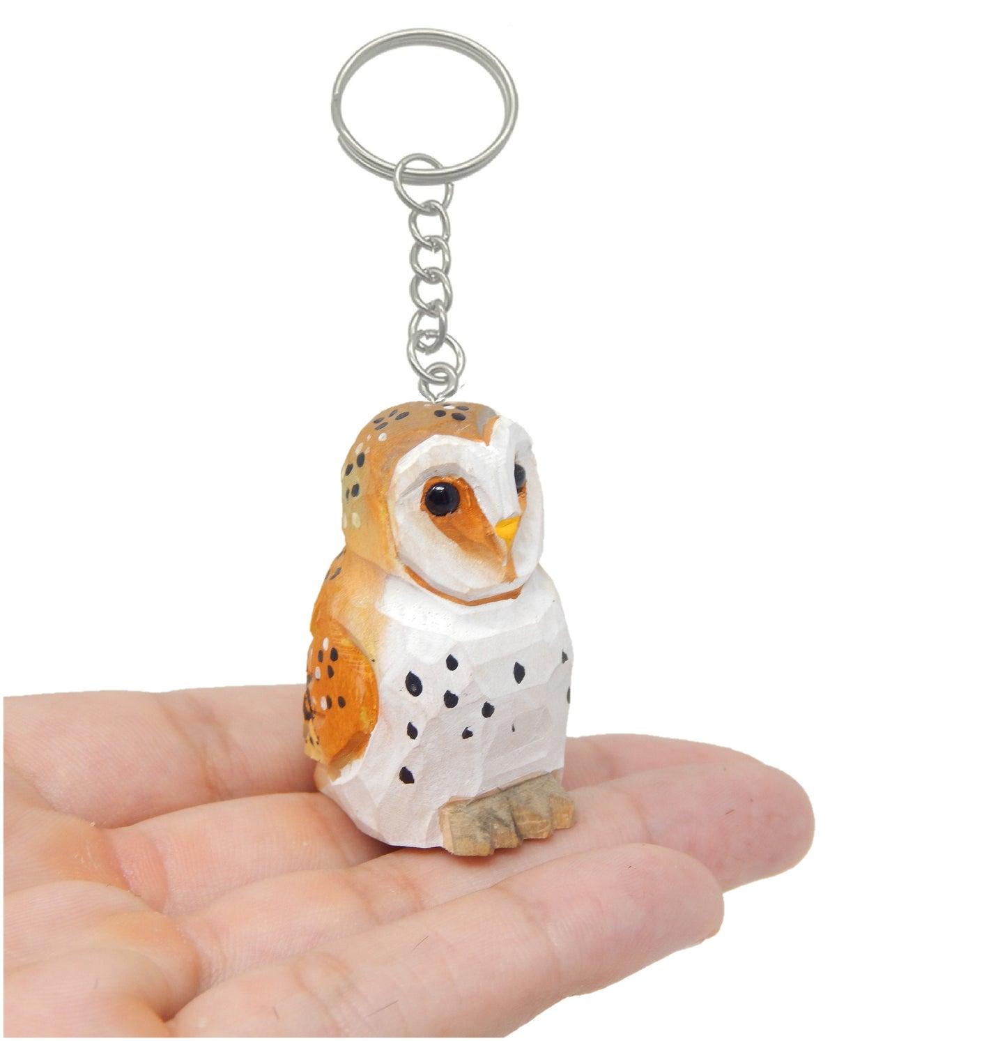 Barn Owl Fake Keychain Ring Clip Charm Farm Bird Miniature Wood Mini Figurine Small Animal