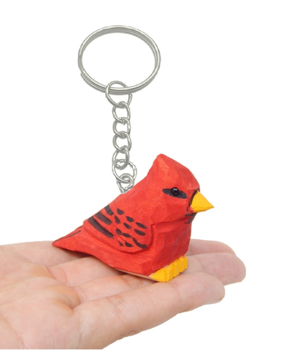 Cardinal Keychain Ring Clip Charm Red Bird Miniature Wood Mini Figurine Small Animal