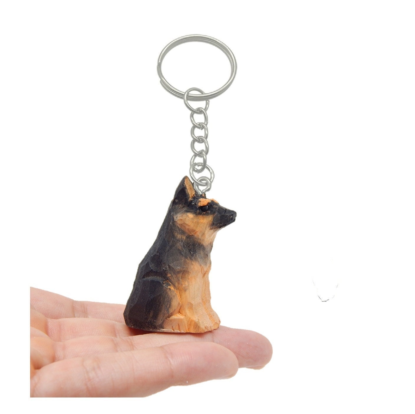 German Shephard Dog Puppy Pet Keychain Ring Clip Charm Miniature Wood Mini Figurine Small Animal