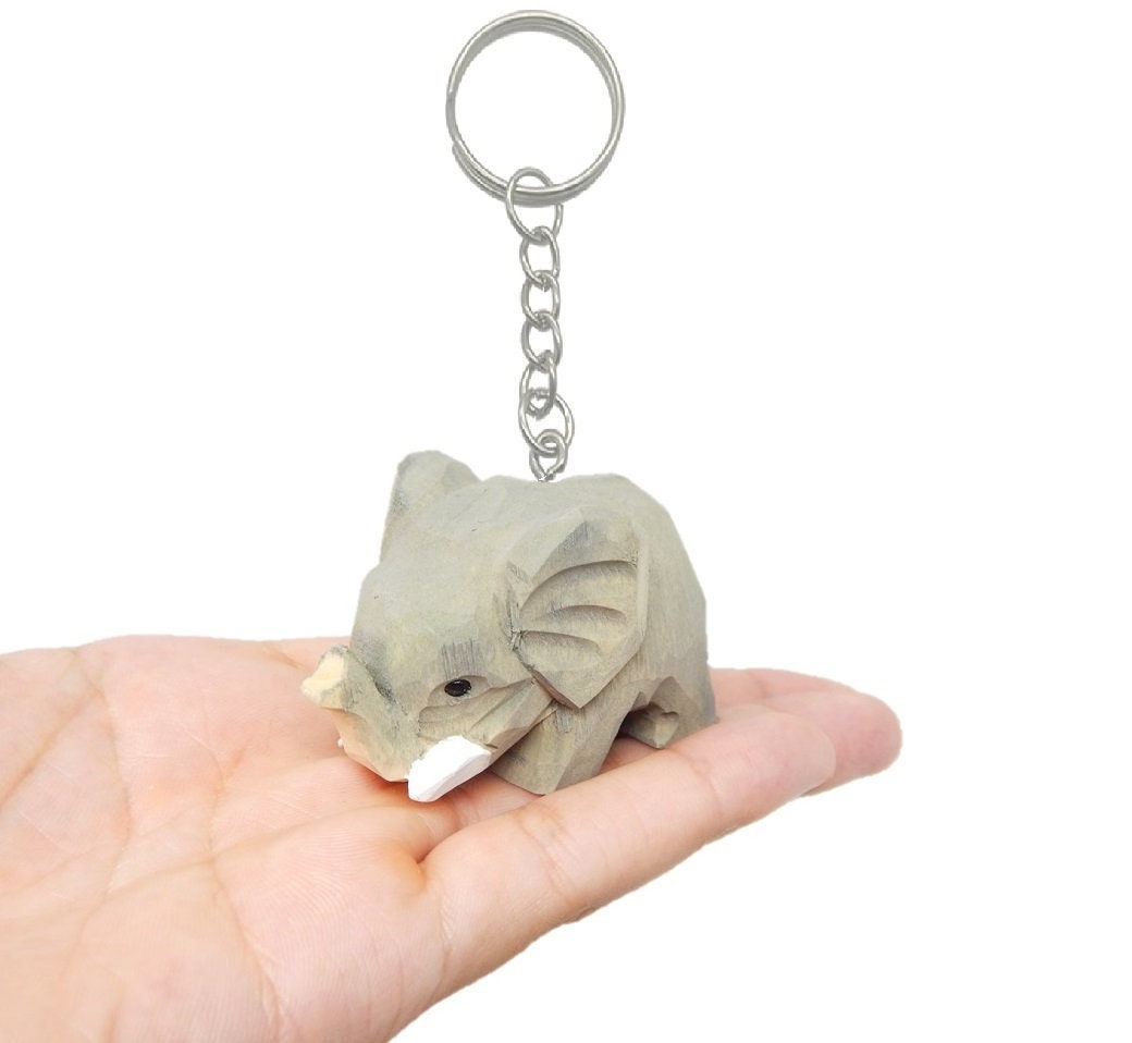 Elephant Keychain Ring Clip Charm Miniature Wood Gray Mini Figurine Small Animal
