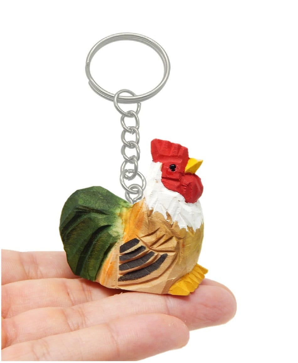 Rooster Chicken Keychain Ring Clip Charm Farm Bird Miniature Wood Mini Figurine Small Animal