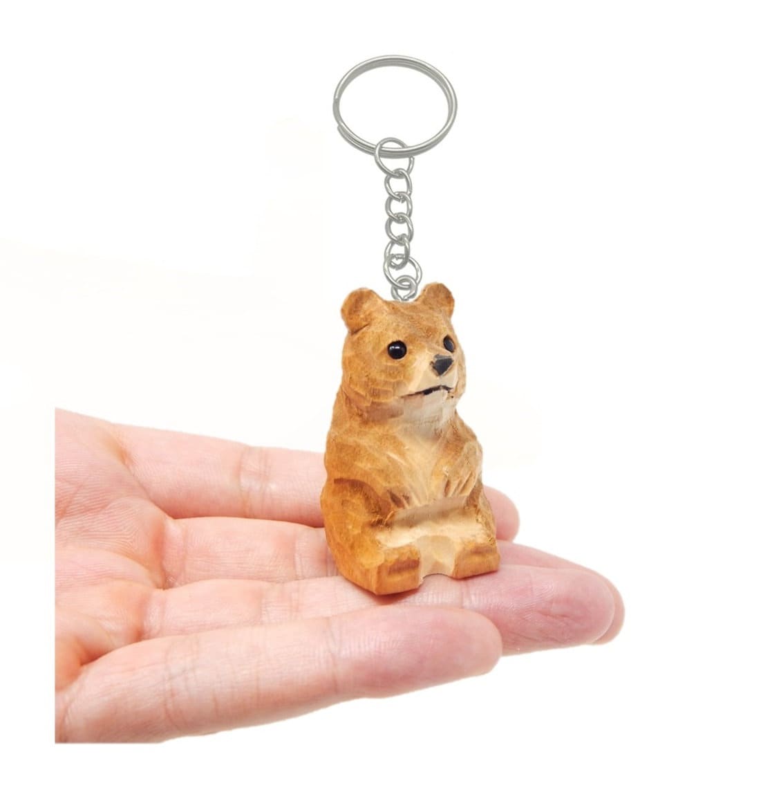 Brown Bear Keychain Ring Clip Charm Miniature Wood Mini Figurine Small Animal