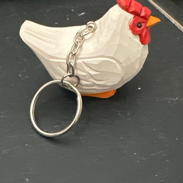 Hen Chicken Keychain Ring Clip Charm Farm Bird Miniature Wood Mini Figurine Small Animal