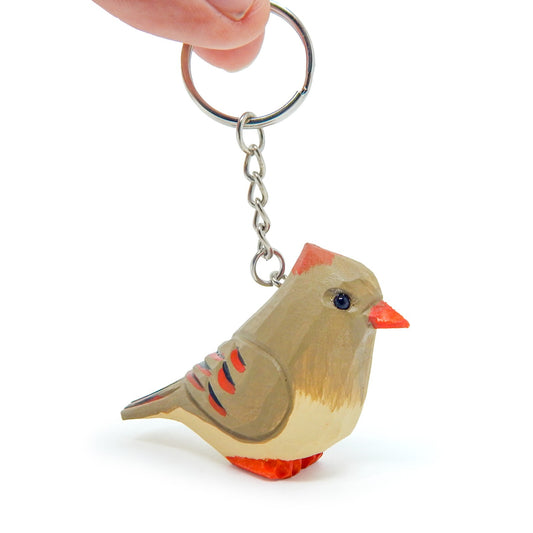 Female Cardinal Red Bird Keychain Ring Hook Clip Charm Miniature Wood Figurine