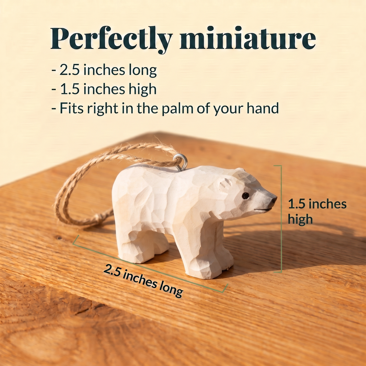 Polar Bear hand-carved wooden ornament by Selsela, with size measurements