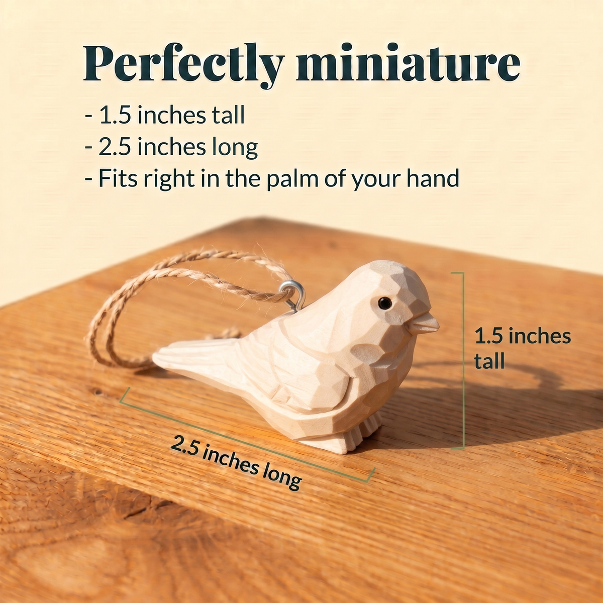Unpainted Bird hand-carved wooden ornament by Selsela, with size measurements