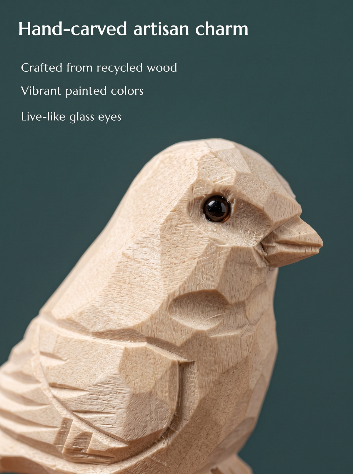 Unpainted Bird hand-carved wooden ornament by Selsela, close-up of the hand-carved detail