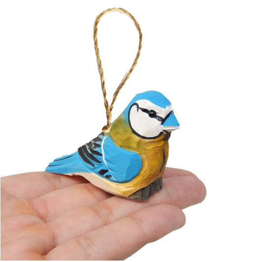 Selsela Blue Jay Ornament – Hand-Carved Wooden Hanging Bird Figurine, Holiday Decoration, Miniature Wildlife Art, Rustic Handmade Nature-Inspired Gift