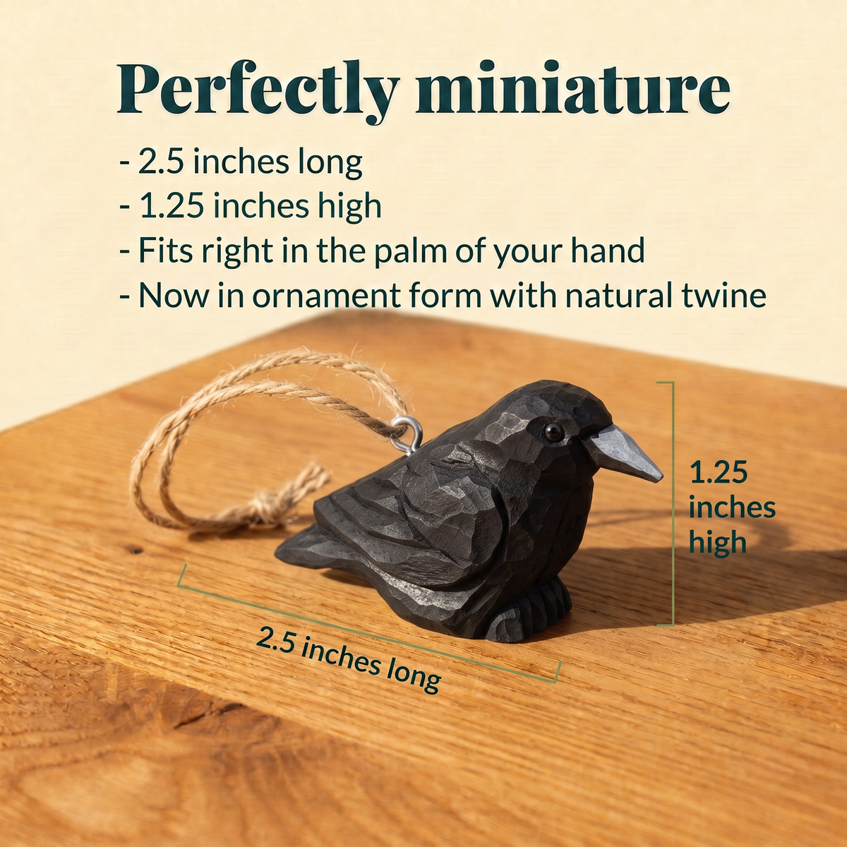 Raven hand-carved wooden ornament by Selsela, with size measurements