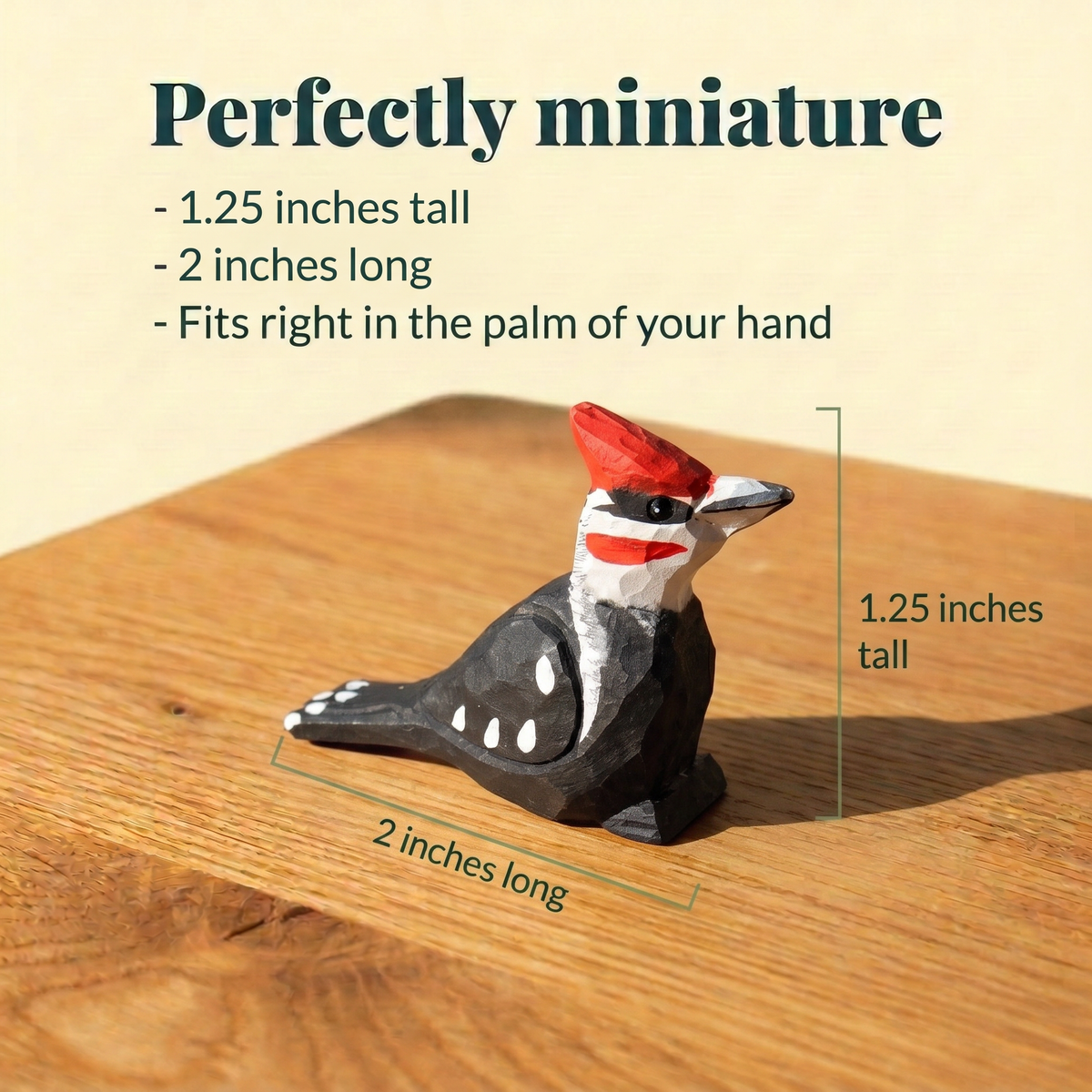 Pileated Woodpecker hand-carved wooden figurine by Selsela, with size measurements