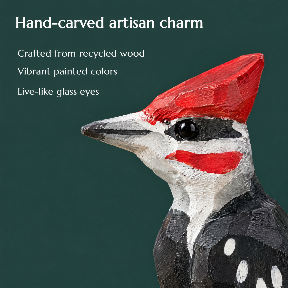 Pileated Woodpecker hand-carved wooden figurine by Selsela, close-up of the hand-carved detail