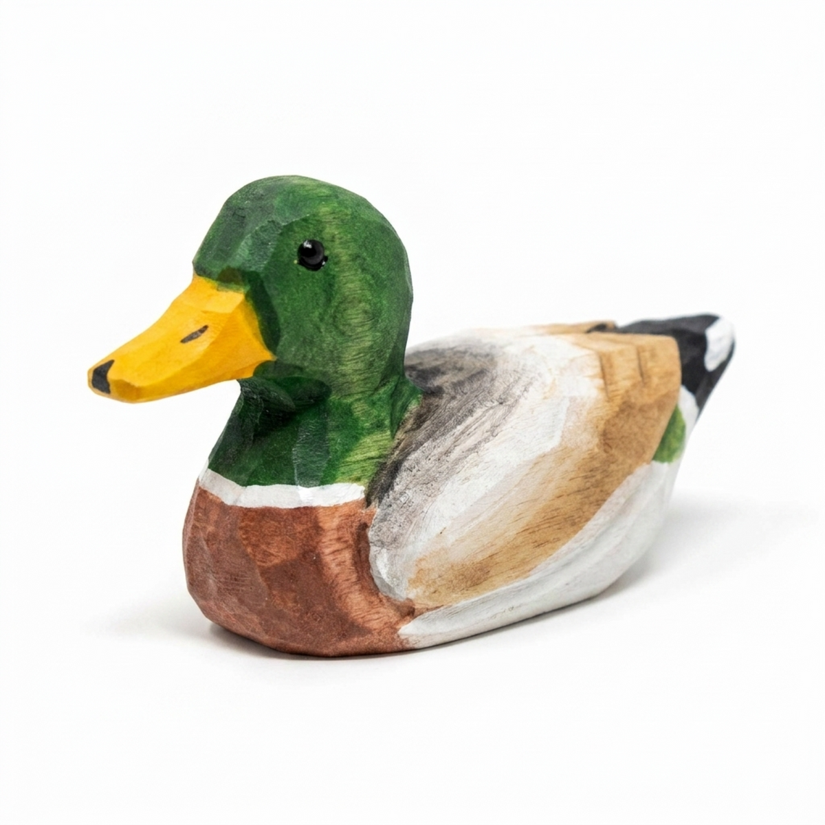 Mallard Duck Male hand-carved wooden figurine by Selsela, on a plain background