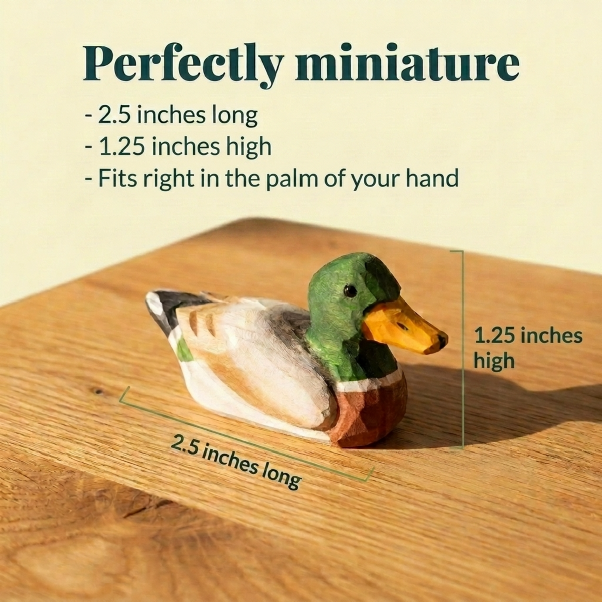 Mallard Duck Male hand-carved wooden figurine by Selsela, with size measurements