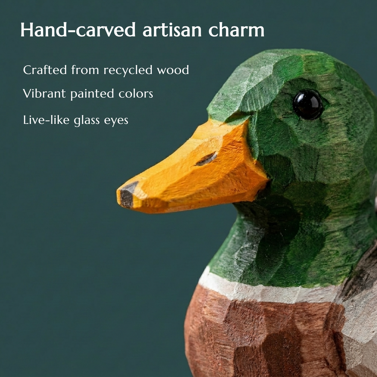 Mallard Duck Male hand-carved wooden figurine by Selsela, close-up of the hand-carved detail