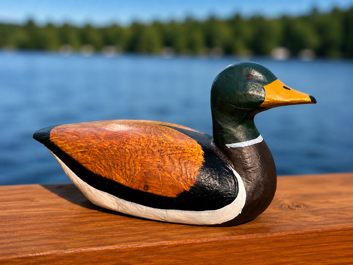 Mallard Duck Male hand-carved wooden figurine by Selsela, styled in a home setting