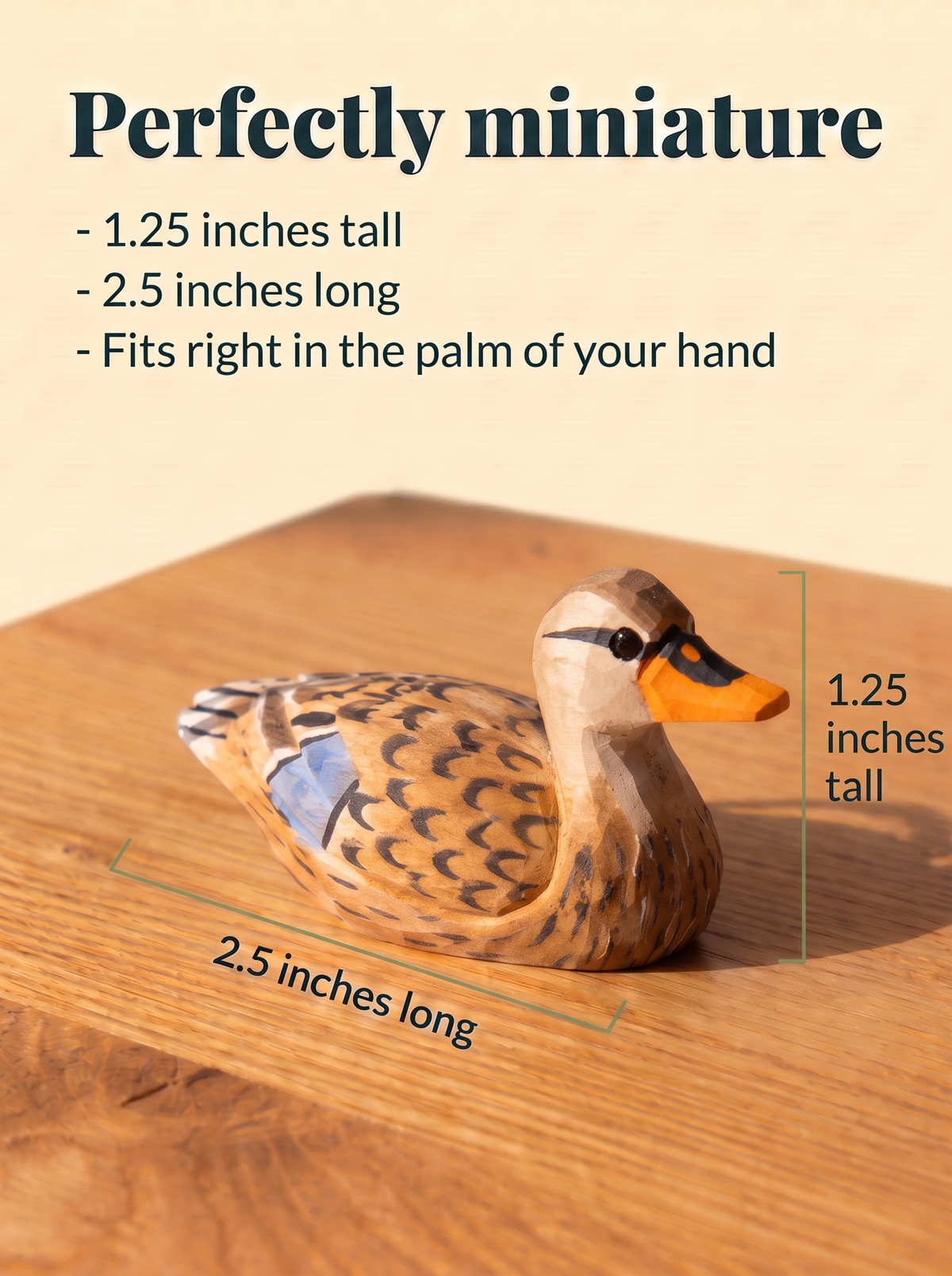 Mallard Duck Female hand-carved wooden figurine by Selsela, with size measurements