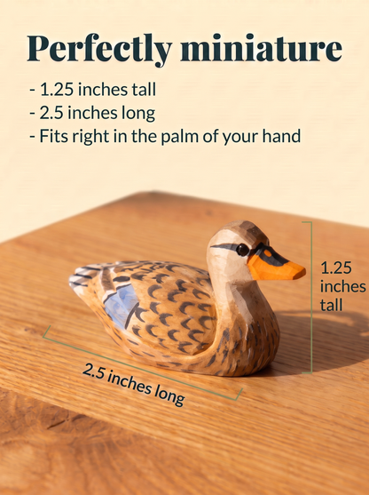 Mallard Duck Female hand-carved wooden figurine by Selsela, with size measurements