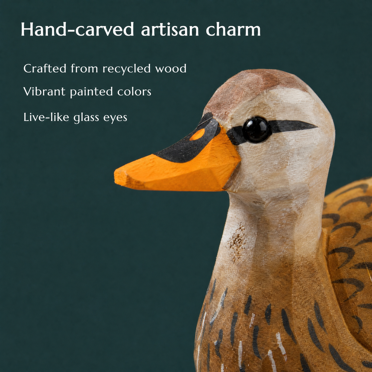 Mallard Duck Female hand-carved wooden figurine by Selsela, close-up of the hand-carved detail