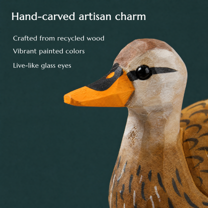 Mallard Duck Female hand-carved wooden figurine by Selsela, close-up of the hand-carved detail