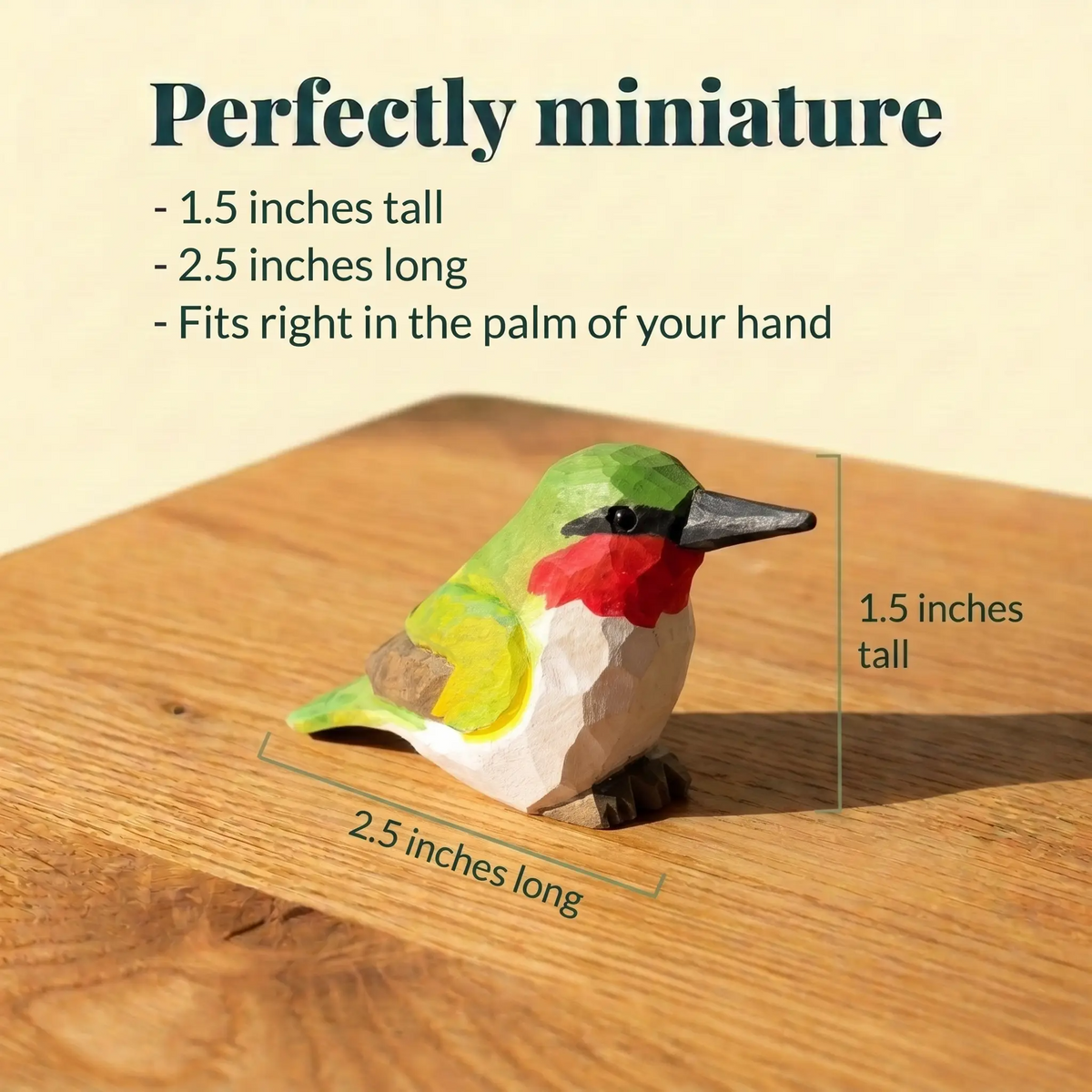 Hummingbird hand-carved wooden figurine by Selsela, with size measurements