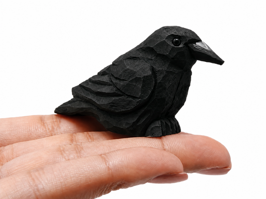 Raven hand-carved wooden figurine by Selsela, on a plain background