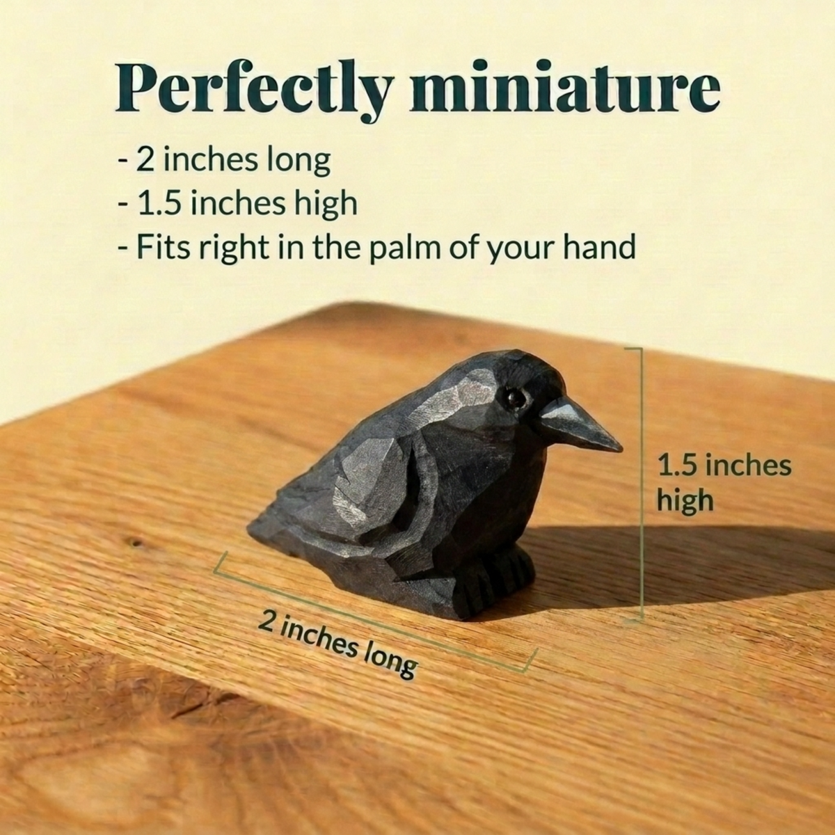 Raven hand-carved wooden figurine by Selsela, with size measurements