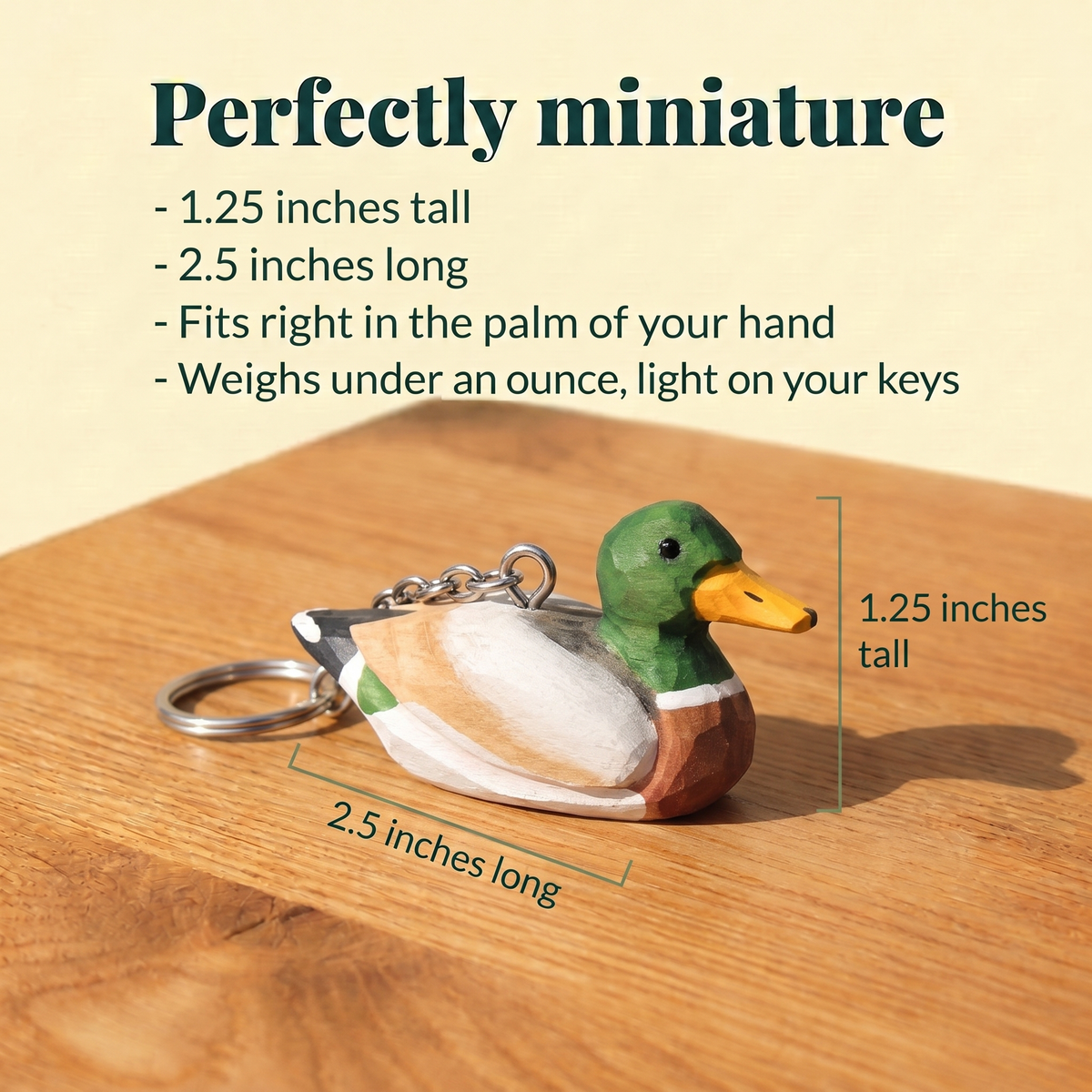 Mallard Duck Male hand-carved wooden keychain by Selsela, with size measurements