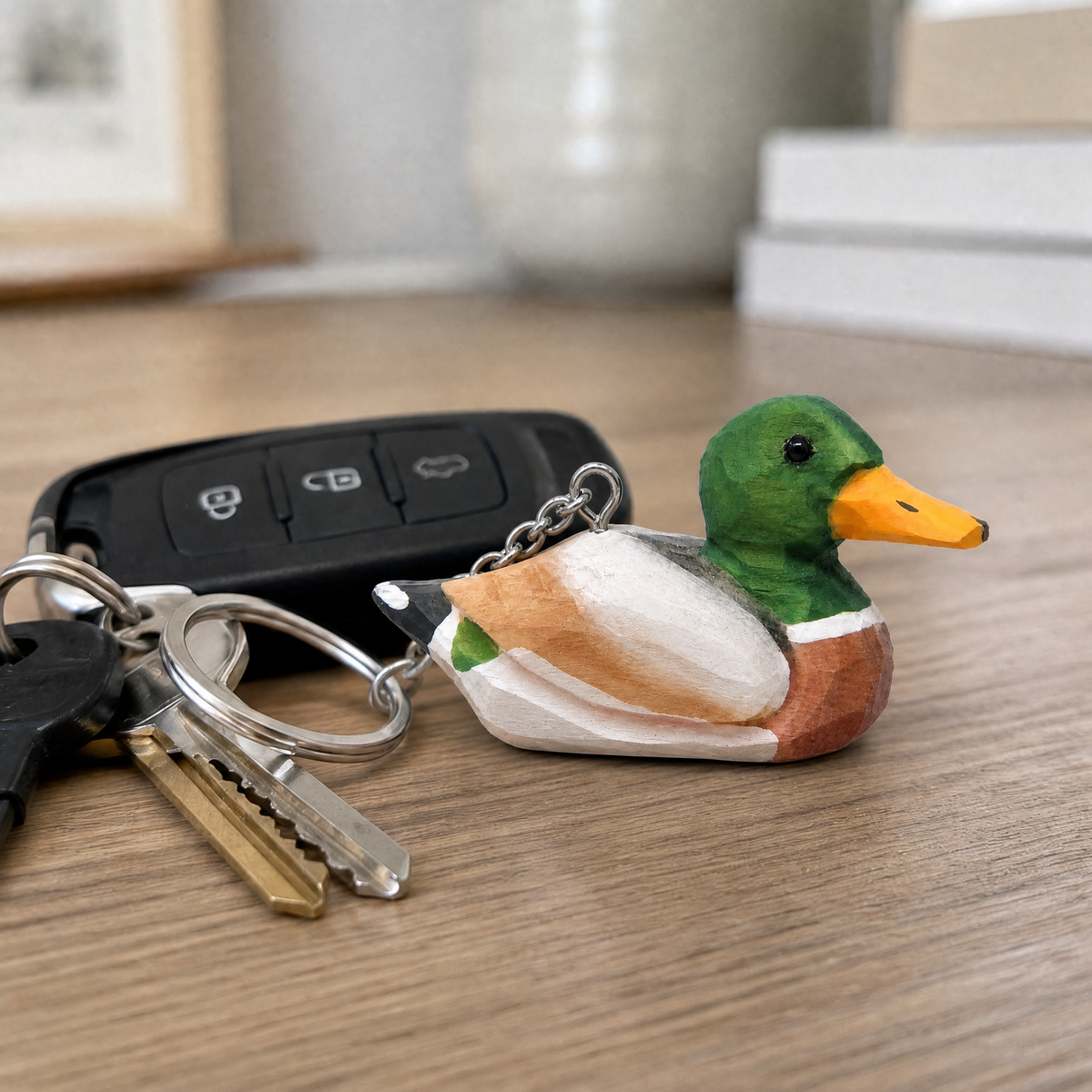 Mallard Duck Male hand-carved wooden keychain by Selsela, in a styled scene