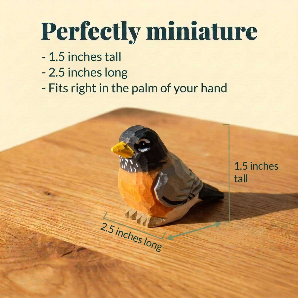 American Robin hand-carved wooden figurine by Selsela, with size measurements