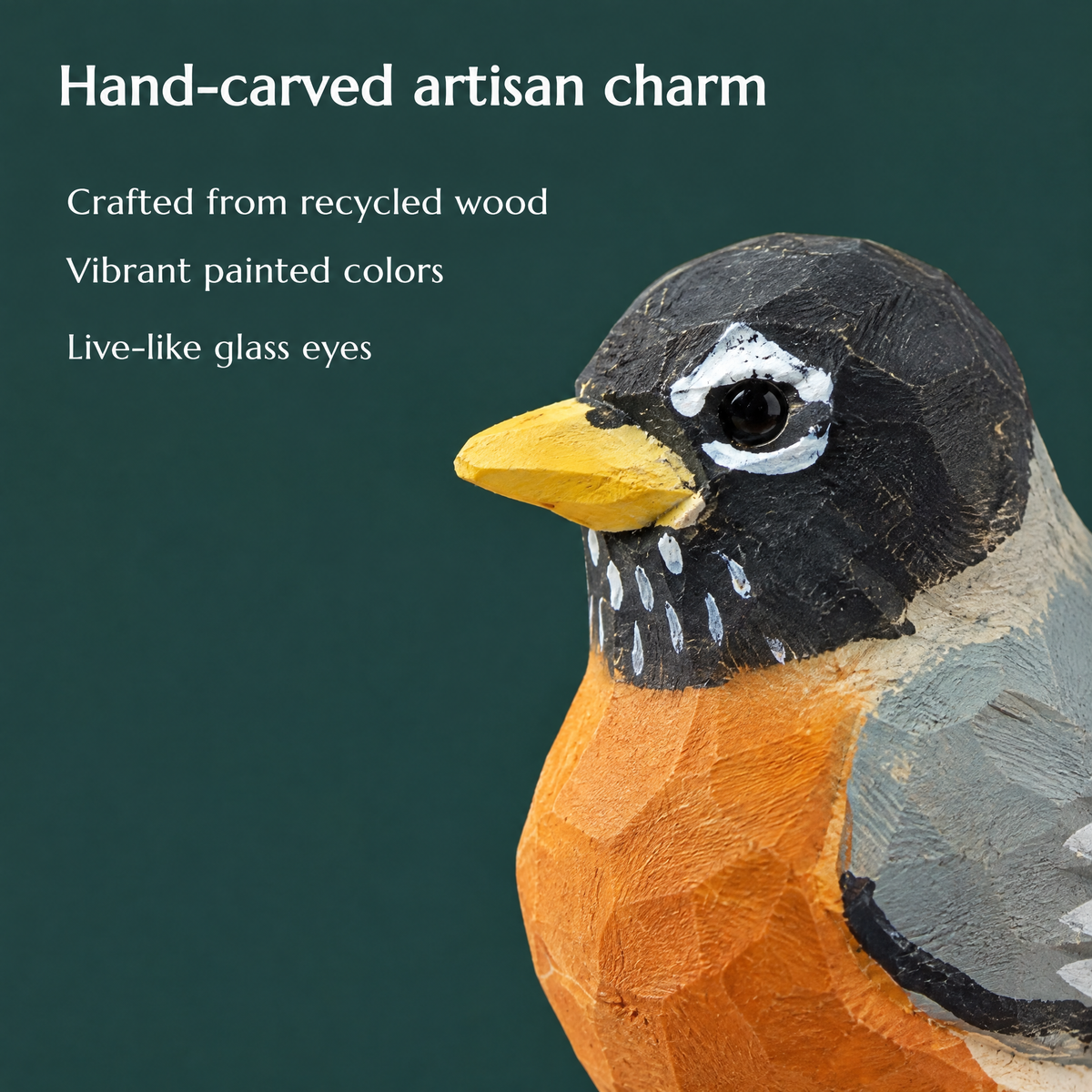 American Robin hand-carved wooden figurine by Selsela, close-up of the hand-carved detail