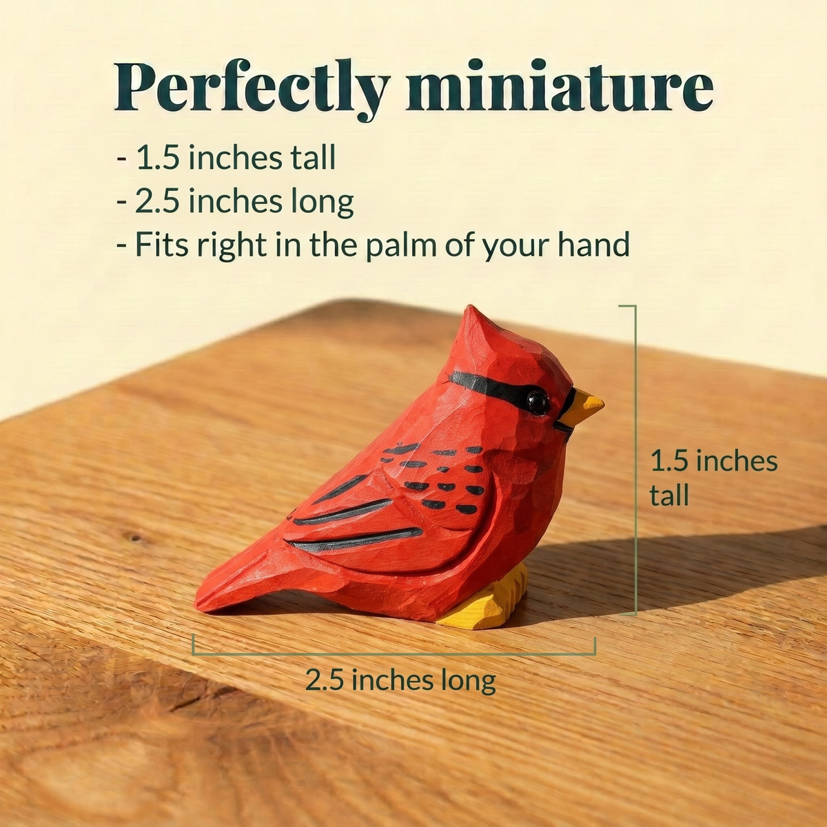 Cardinal Male hand-carved wooden figurine by Selsela, with size measurements