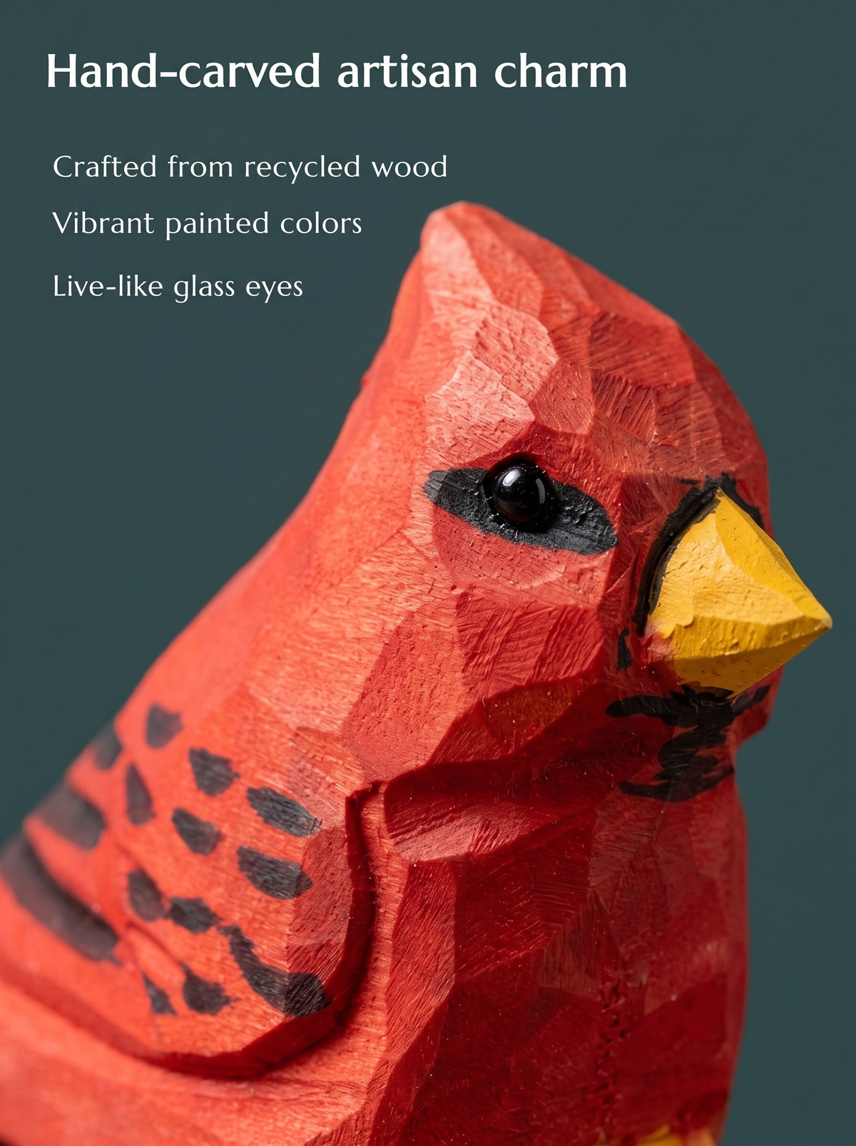 Cardinal Male hand-carved wooden figurine by Selsela, close-up of the hand-carved detail