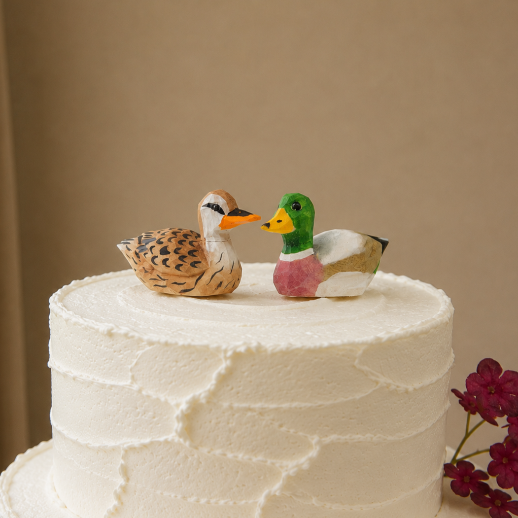 Mallard Duck Female hand-carved wooden cake topper by Selsela, bride and groom pair on a wedding cake