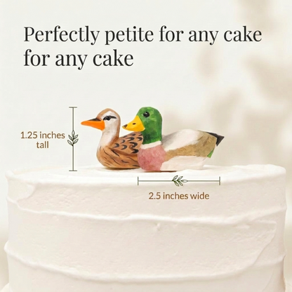 Mallard Duck Female hand-carved wooden cake topper by Selsela, bride and groom pair on a wedding cake