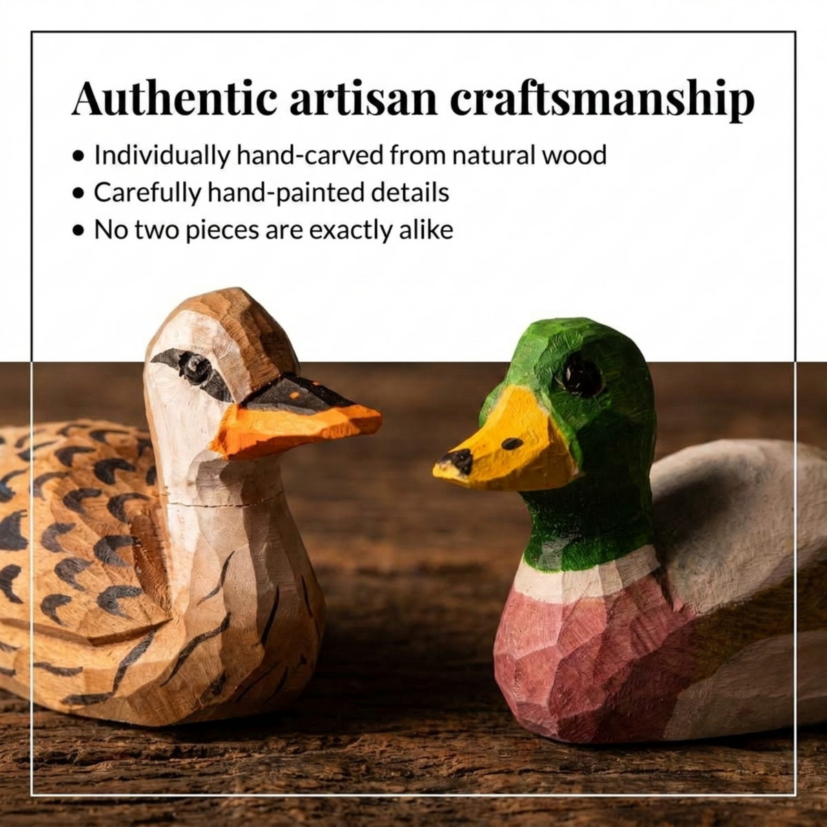 Mallard Duck Female hand-carved wooden cake topper by Selsela, bride and groom pair on a wedding cake