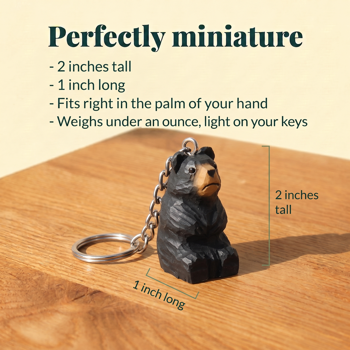 Black Bear hand-carved wooden keychain by Selsela, with size measurements