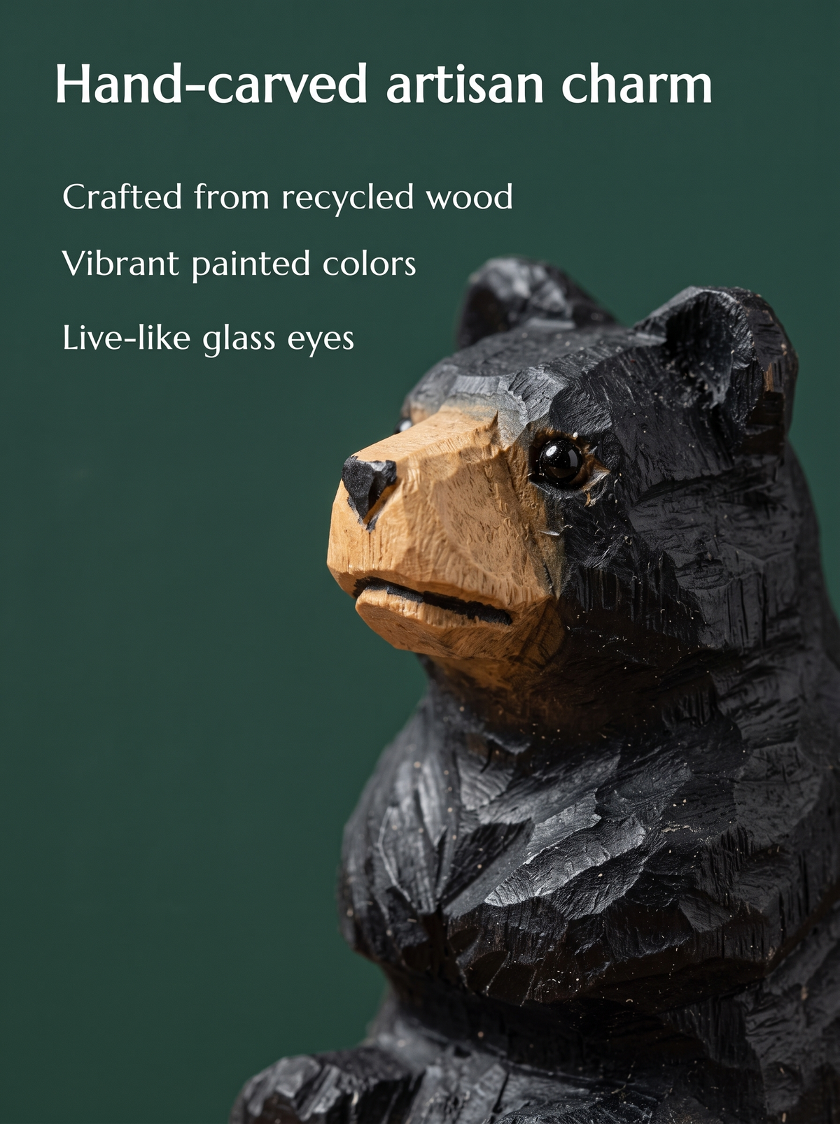 Black Bear hand-carved wooden keychain by Selsela, close-up of the hand-carved detail