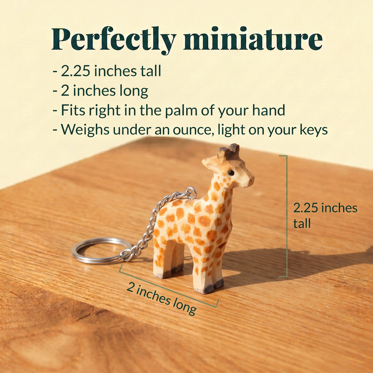Giraffe hand-carved wooden keychain by Selsela, with size measurements