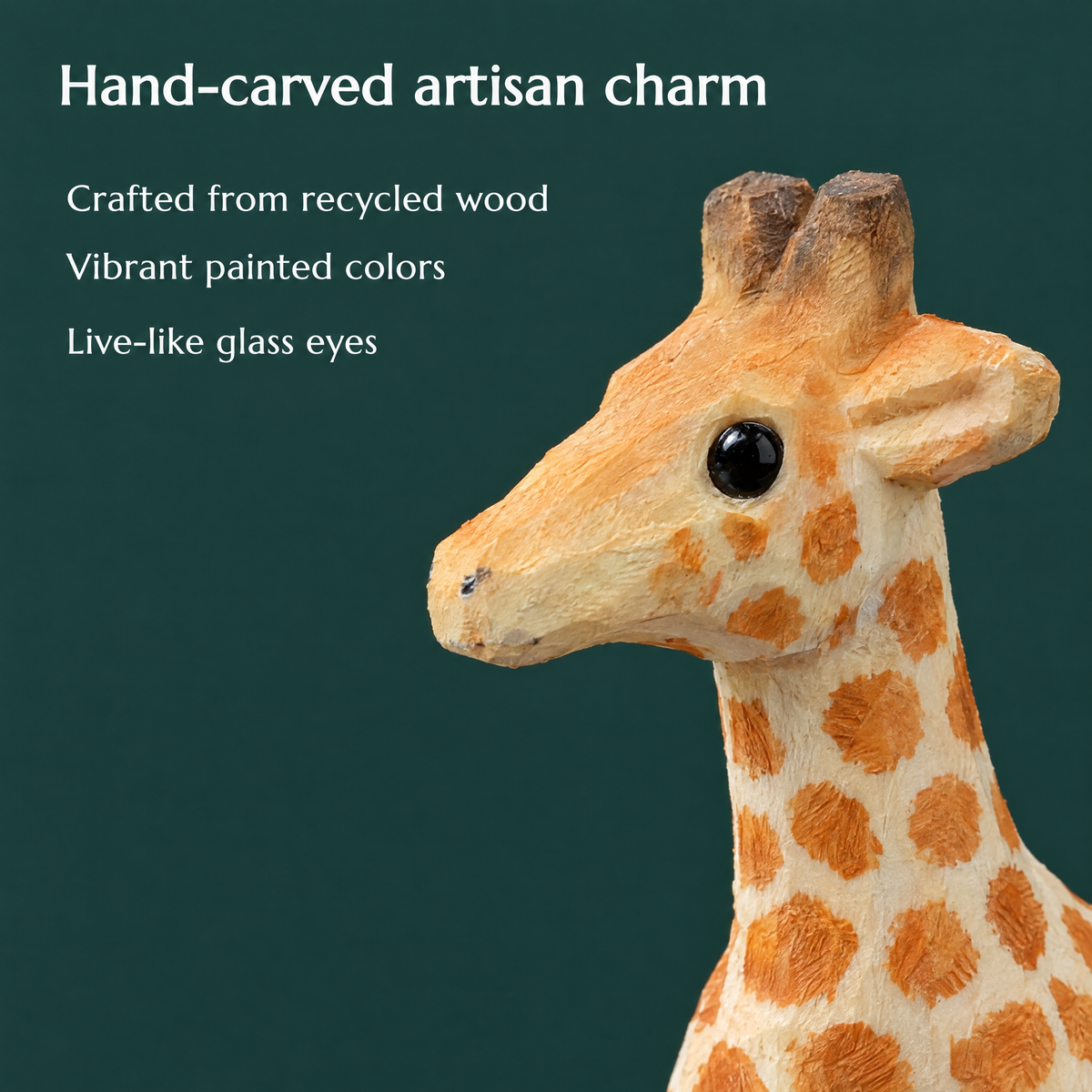Giraffe hand-carved wooden keychain by Selsela, close-up of the hand-carved detail