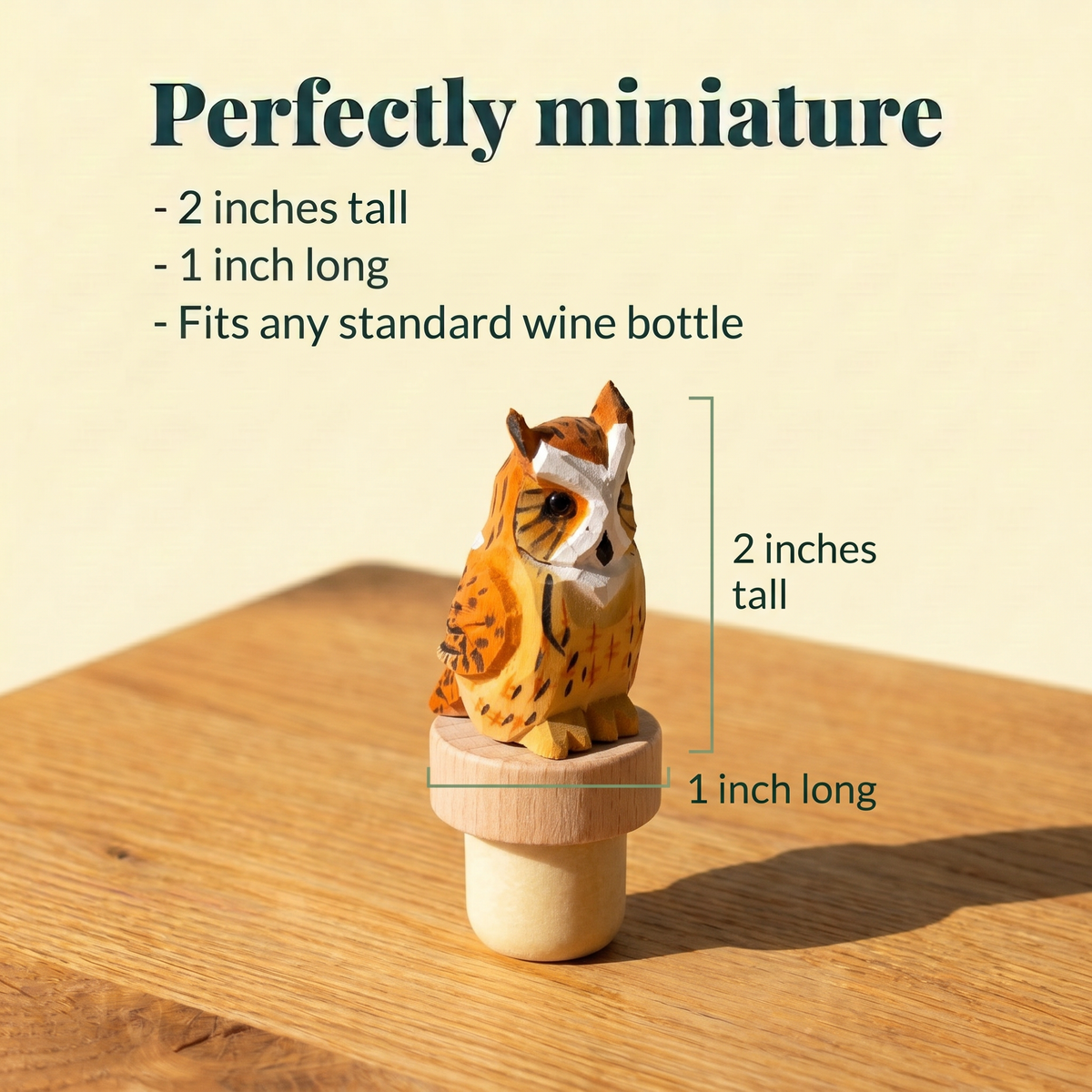 Great Horned Owl hand-carved wooden wine stopper by Selsela, with size measurements