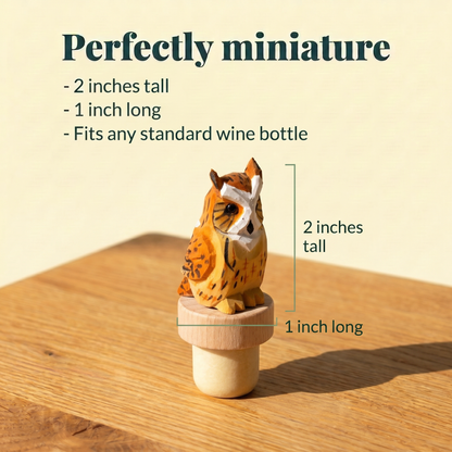 Great Horned Owl hand-carved wooden wine stopper by Selsela, with size measurements