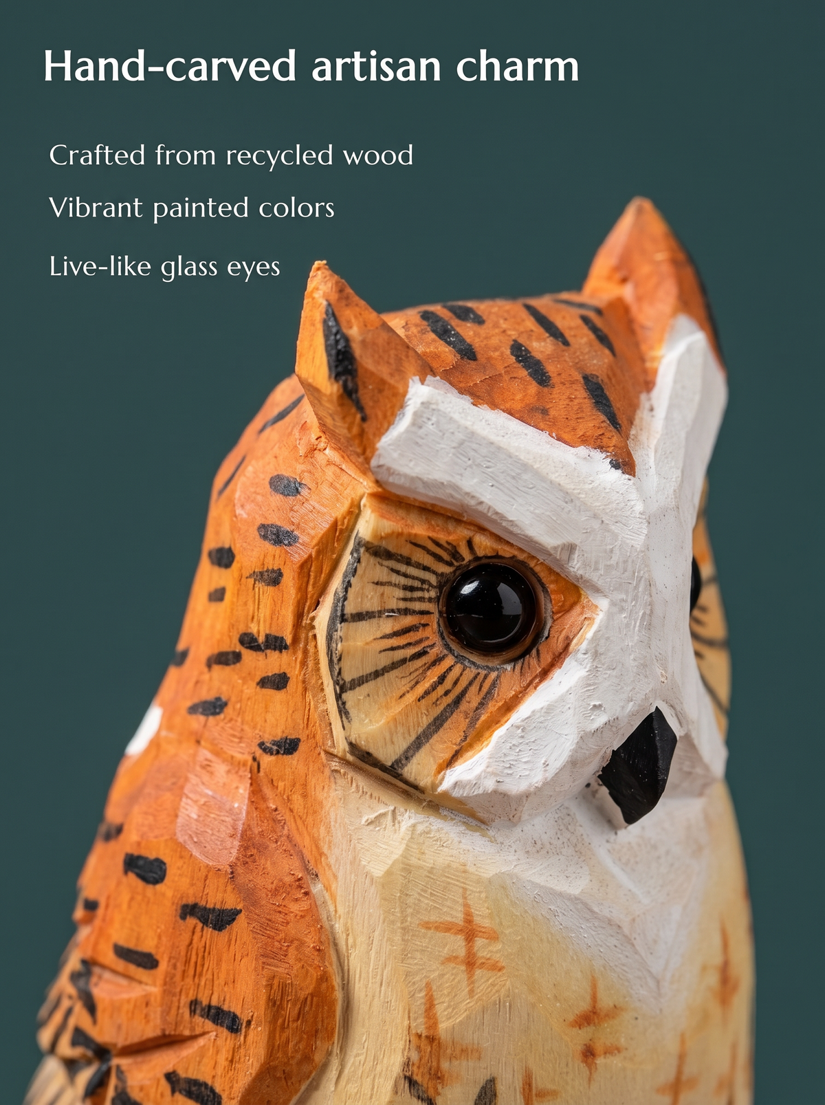 Great Horned Owl hand-carved wooden wine stopper by Selsela, close-up of the hand-carved detail
