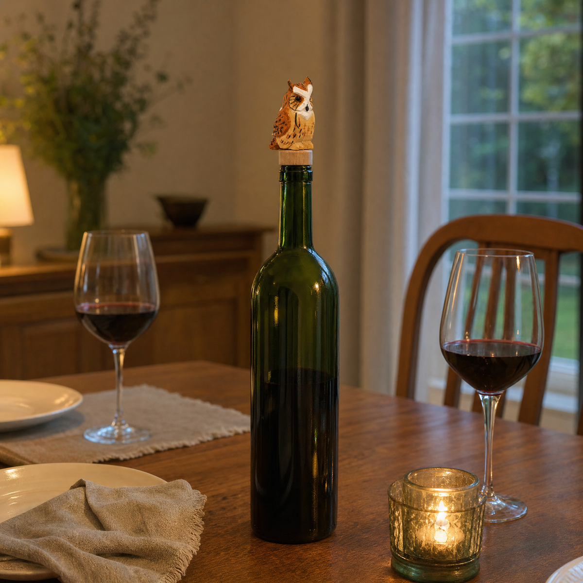 Great Horned Owl hand-carved wooden wine stopper by Selsela, in a styled scene