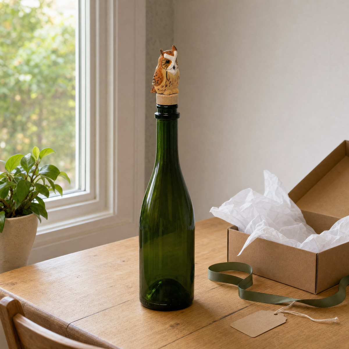 Great Horned Owl hand-carved wooden wine stopper by Selsela, in a styled scene